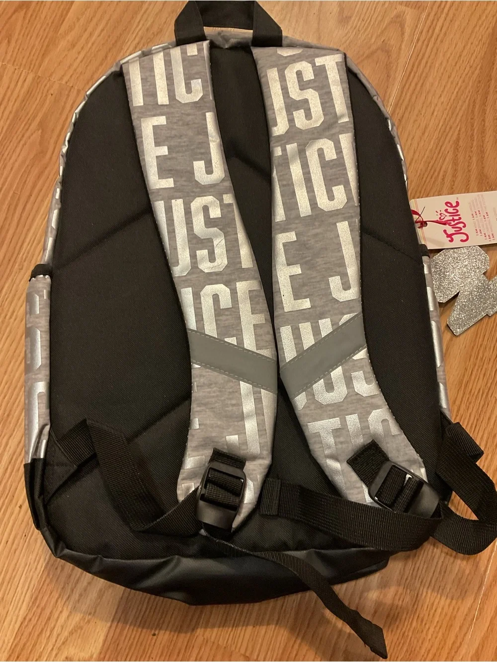 NWT:Justice Metallic Silver and Black Logo Backpack 17” KEYCHAIR&LANYARD